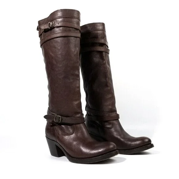 FRYE Jane Heritage Buckle Strap Knee High Western Riding Boots Horse Girl Brown - Picture 6 of 9